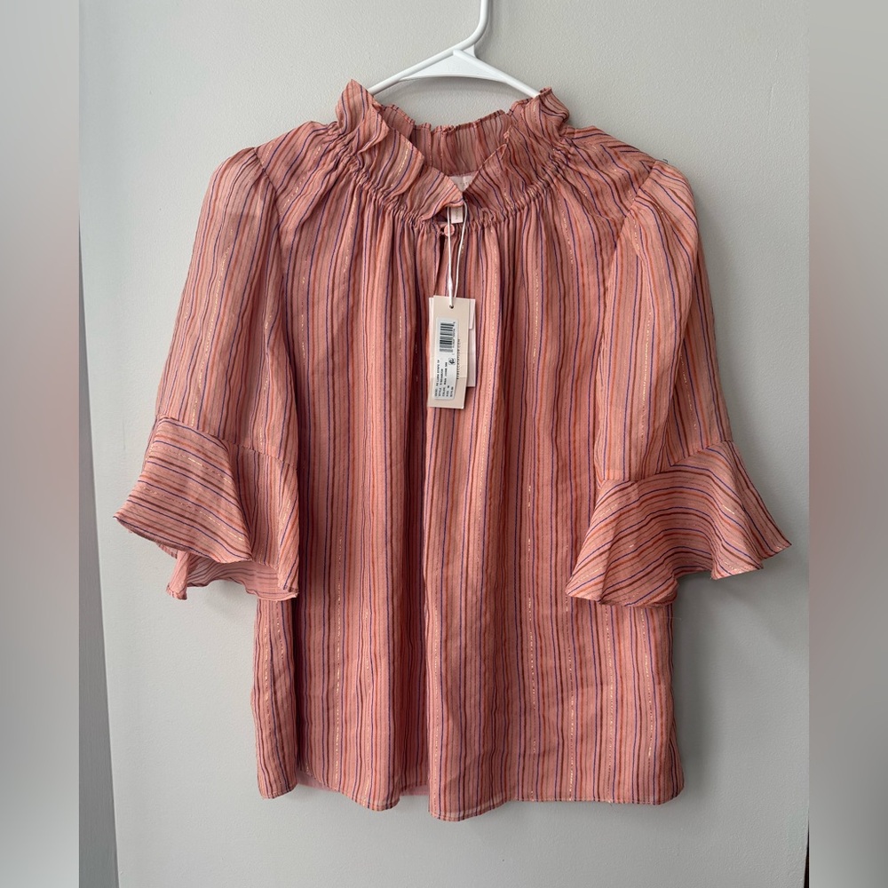 Rebecca Taylor Pink Striped Ruffle Silk  Blouse Size M